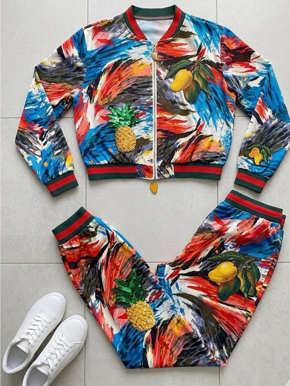 Adorable Mango Multicolor Abstract Fruit Print Track Jacket & Joggers Set